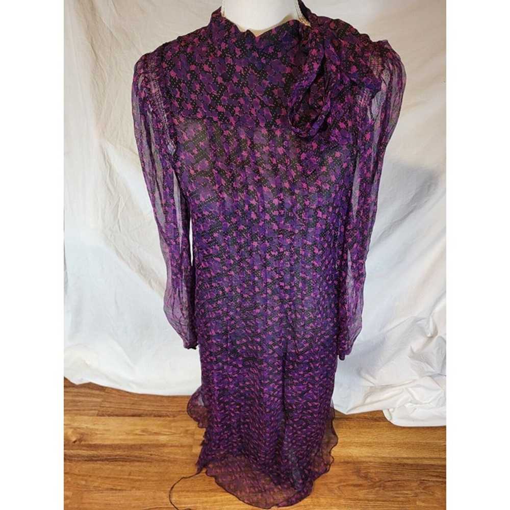 Vintage 70s Purple Ditsy Floral Silk High Neck Pl… - image 1