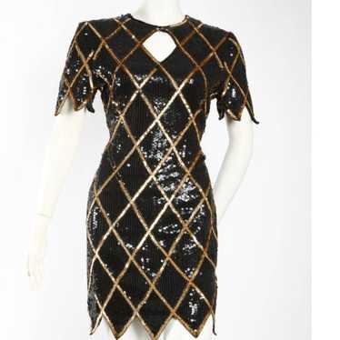 Vintage La Scala Sequin Silk Cocktail Dress Black 