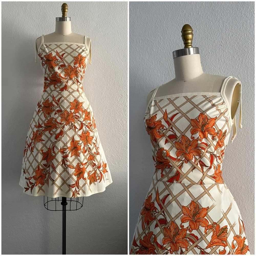 70s Alfred Shaheen Orange Floral Dress - image 1