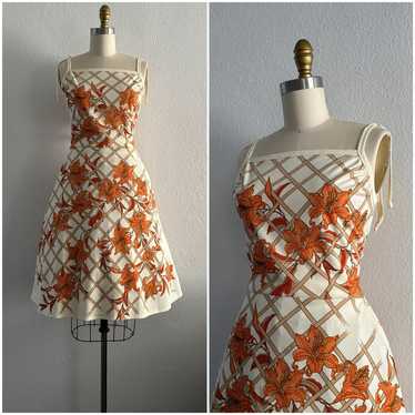 70s Alfred Shaheen Orange Floral Dress - image 1