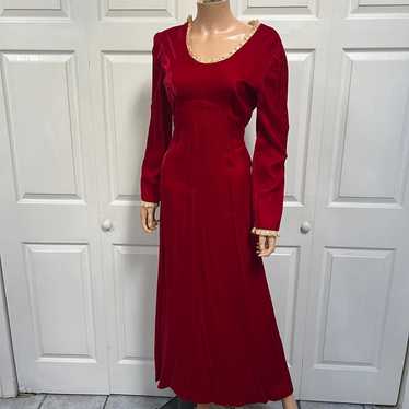 1960 Red Velvet Christmas Dress long Sleeves Lace… - image 1