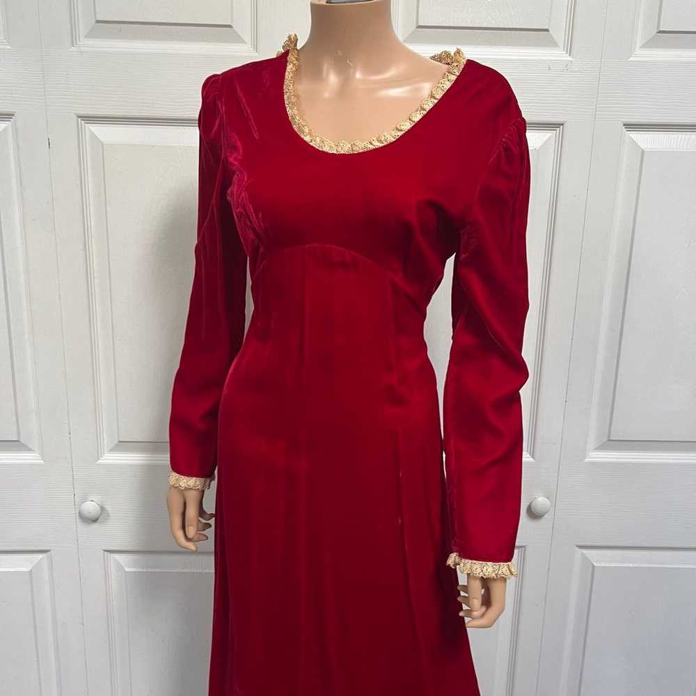 1960 Red Velvet Christmas Dress long Sleeves Lace… - image 2