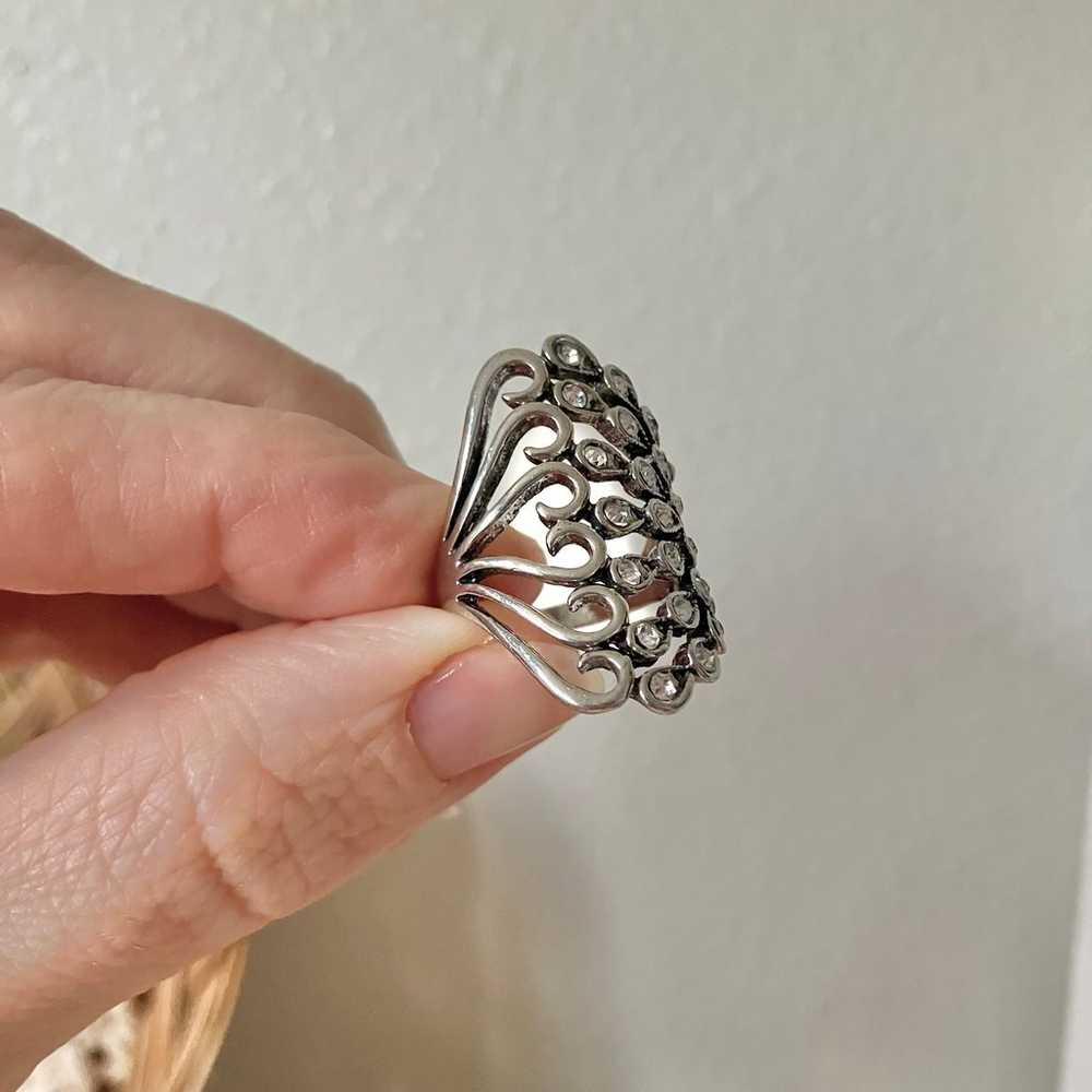 Tall Silver Rhinestones Swirls Feathers Ring “Rev… - image 11