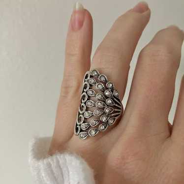 Tall Silver Rhinestones Swirls Feathers Ring “Rev… - image 1