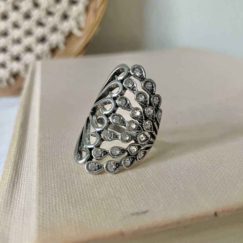 Tall Silver Rhinestones Swirls Feathers Ring “Rev… - image 4