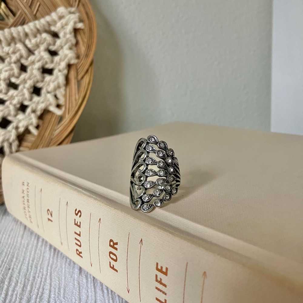 Tall Silver Rhinestones Swirls Feathers Ring “Rev… - image 8