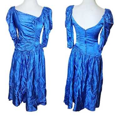 80s Size 8 Blue Formal Dress Gown Prom Shiny Sati… - image 1