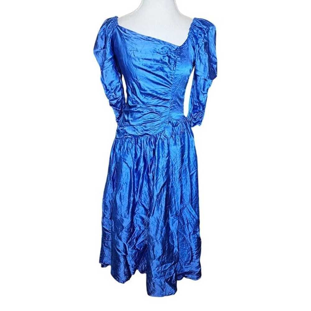 80s Size 8 Blue Formal Dress Gown Prom Shiny Sati… - image 2