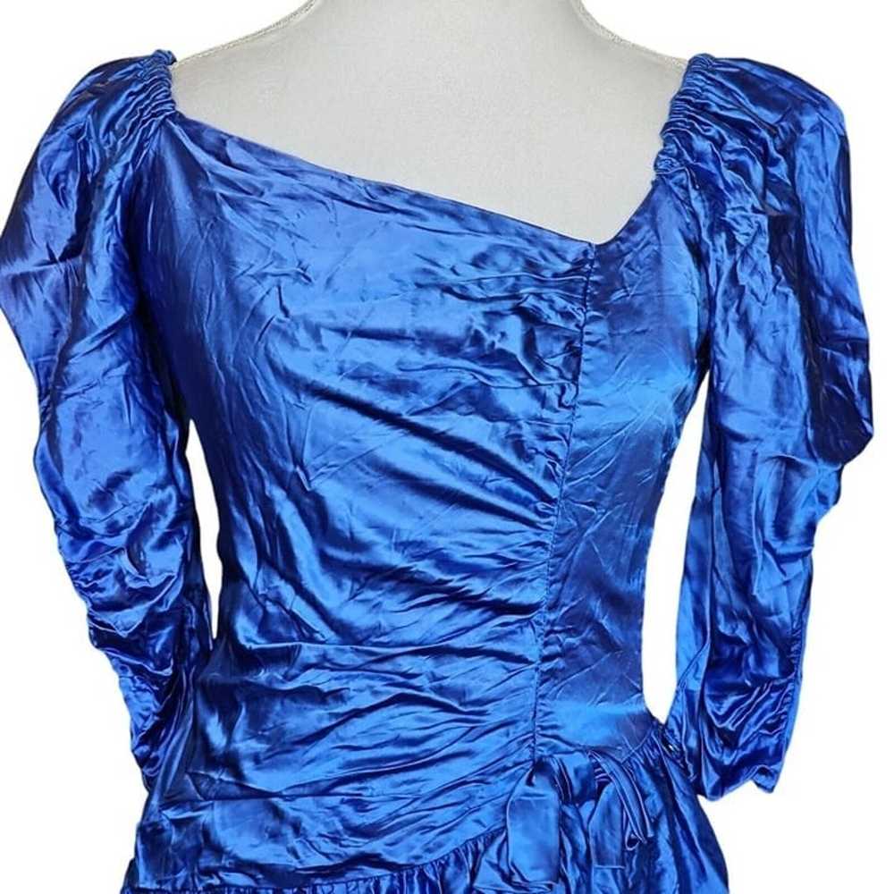 80s Size 8 Blue Formal Dress Gown Prom Shiny Sati… - image 3