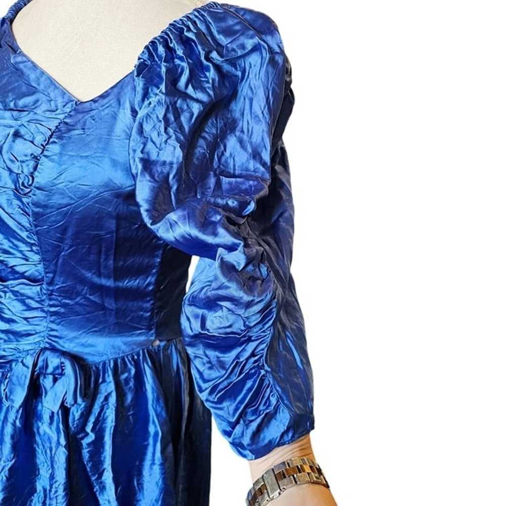 80s Size 8 Blue Formal Dress Gown Prom Shiny Sati… - image 5