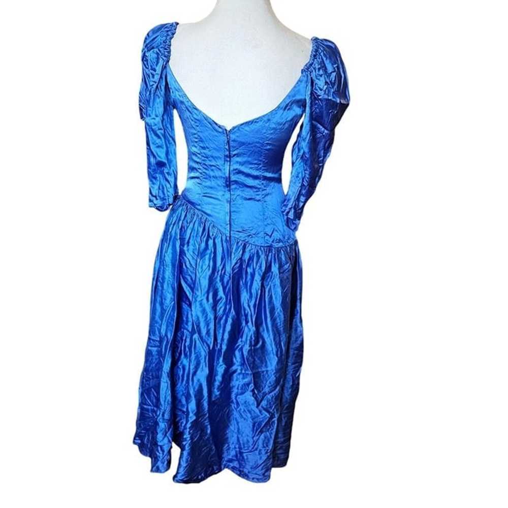 80s Size 8 Blue Formal Dress Gown Prom Shiny Sati… - image 7