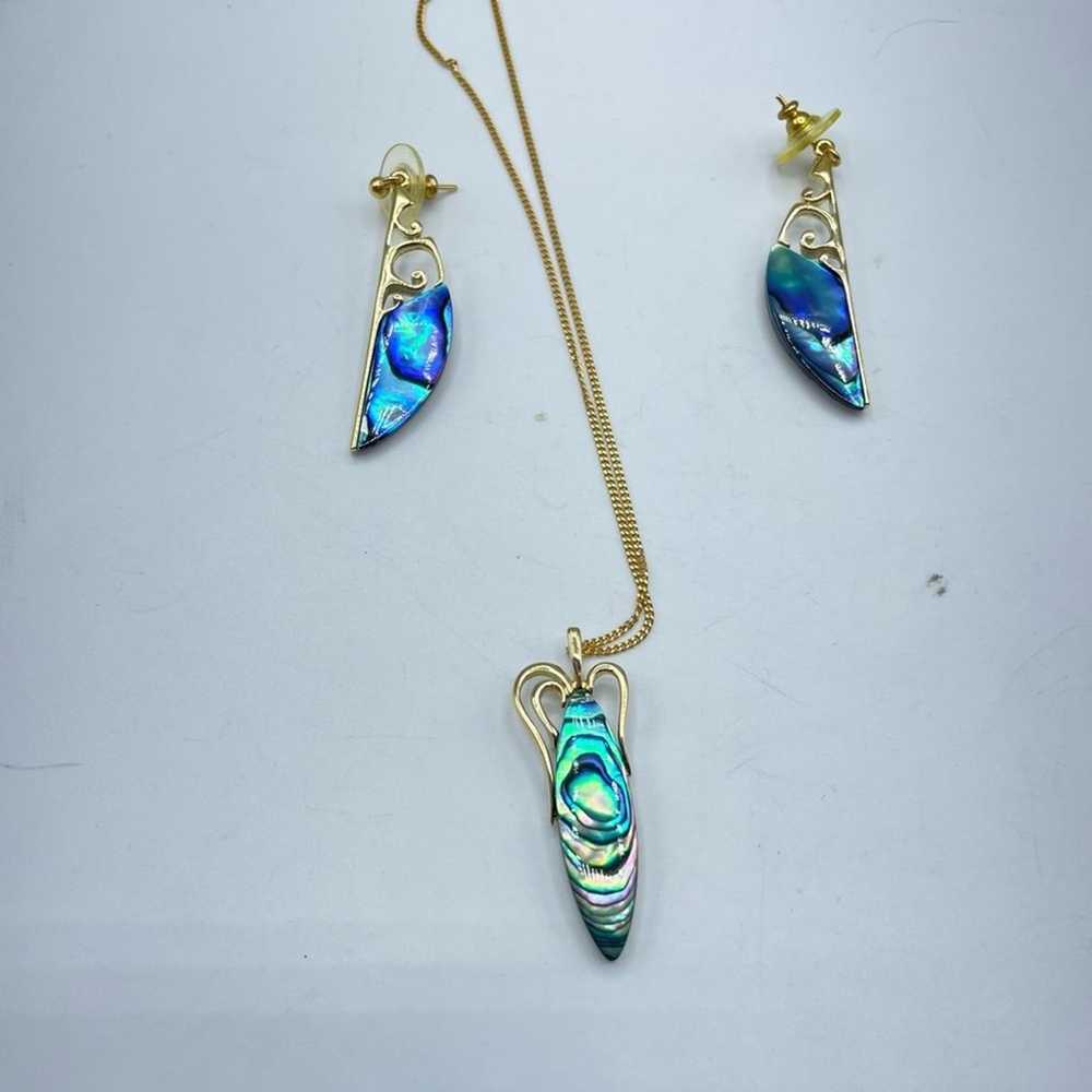 Paua Shell Gold Plated Necklace & Earring Set Vin… - image 1