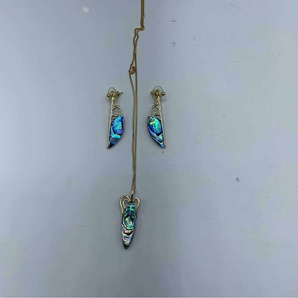 Paua Shell Gold Plated Necklace & Earring Set Vin… - image 2