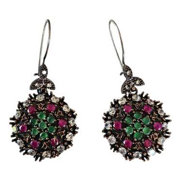 Vintage 925 Silver Emerald Ruby Dangle Earrings Tu