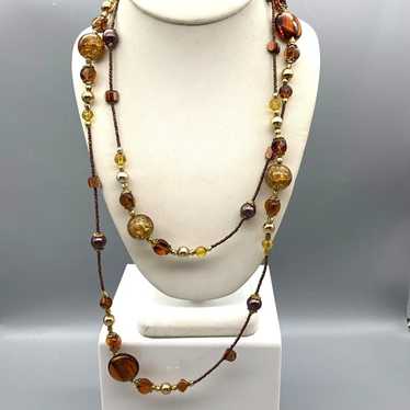 Super Long Bronze Beaded Vintage Necklace, Flashy 