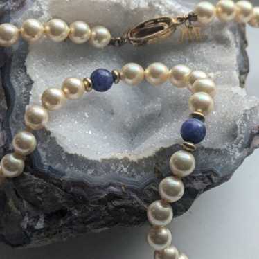 Vintage Majorica Pearl and Lapis Luzuli Gold Plat… - image 1