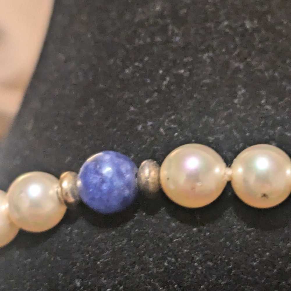 Vintage Majorica Pearl and Lapis Luzuli Gold Plat… - image 7