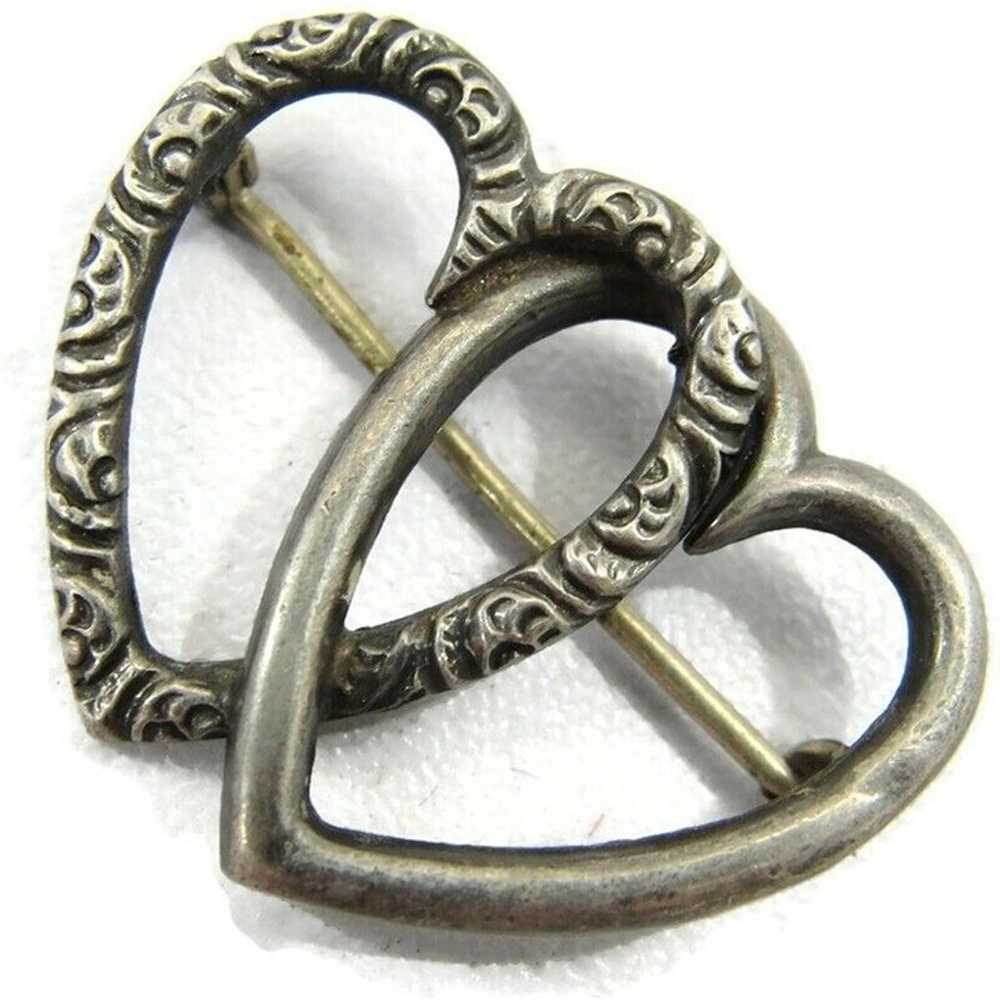 Vintage Sterling Silver Brooch Double Heart - image 1