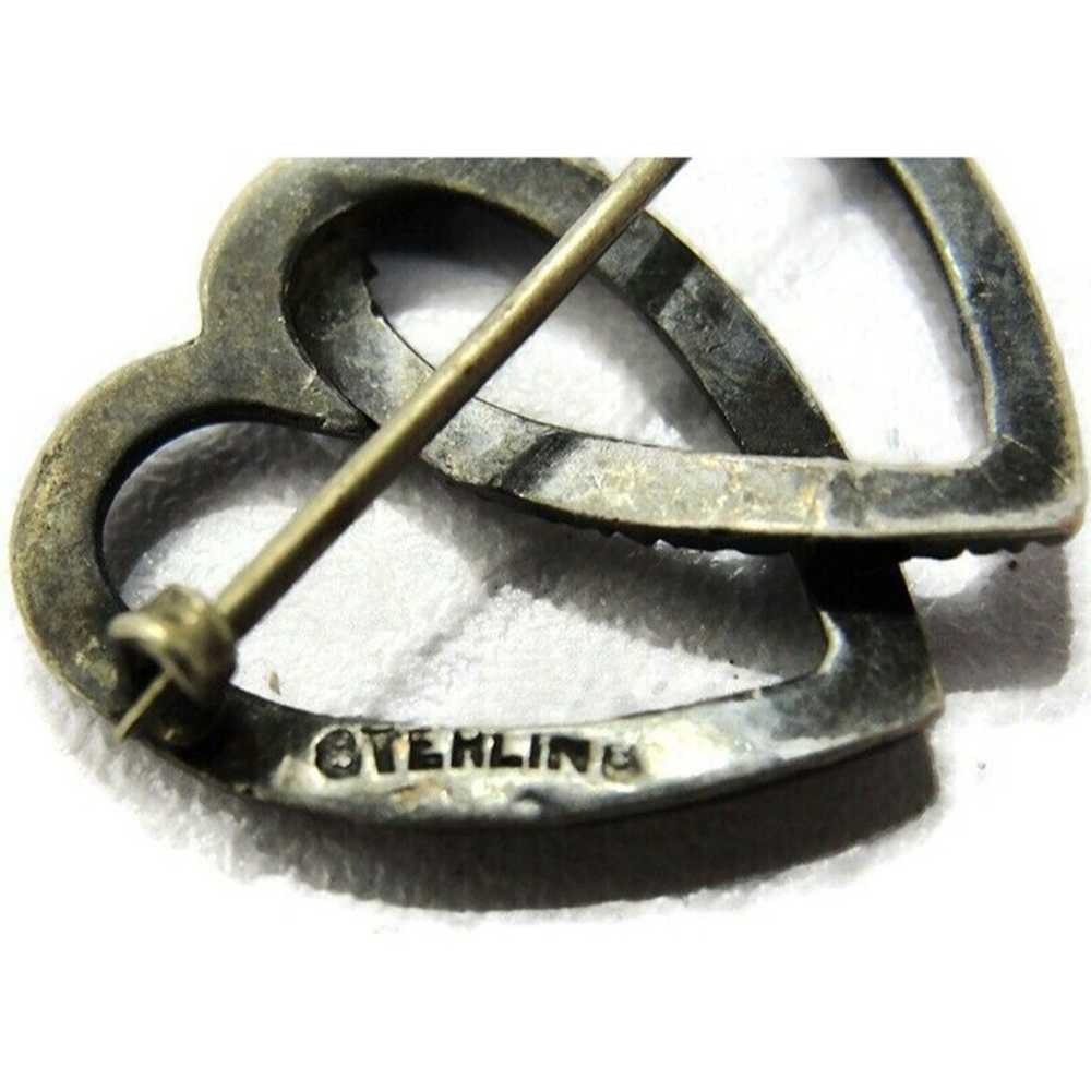 Vintage Sterling Silver Brooch Double Heart - image 3