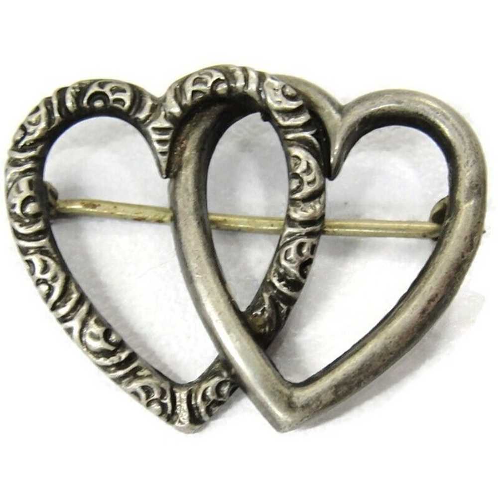 Vintage Sterling Silver Brooch Double Heart - image 7