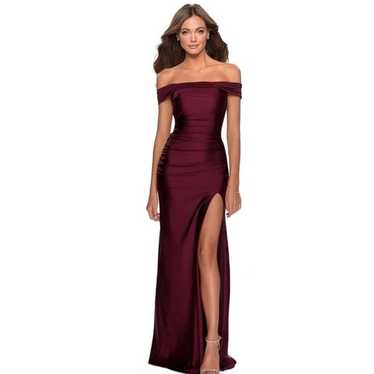 La Femme 28506 Ruched Off Shoulder Dress in Berry 