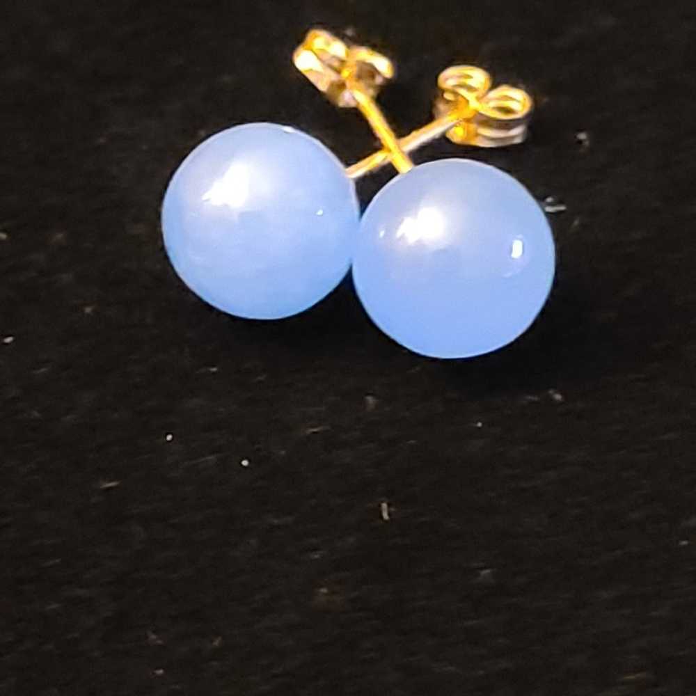 14k Post Vintage Blue Jadeite 7mm Stud Earrings - image 2