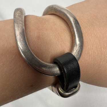 Vintage Brutalist Style Bracelet Pewter and Leath… - image 1