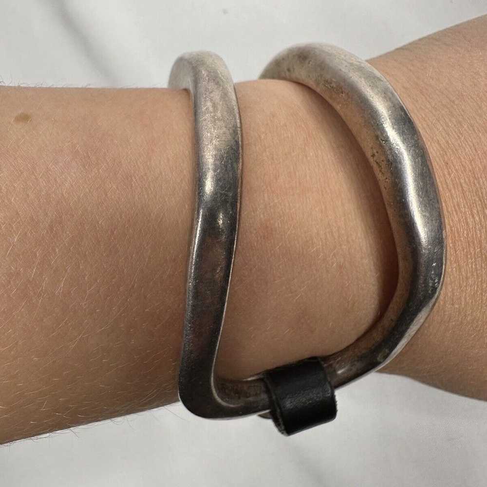 Vintage Brutalist Style Bracelet Pewter and Leath… - image 4