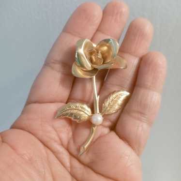 Vintage rose real pearl brooch - image 1