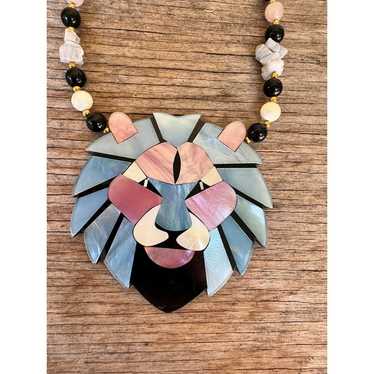 Vintage Lee Sands Blue Pink Black Necklace Mosaic… - image 1