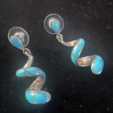 Vintage Sterling Silver Inlaid Turquoise Dangling… - image 1