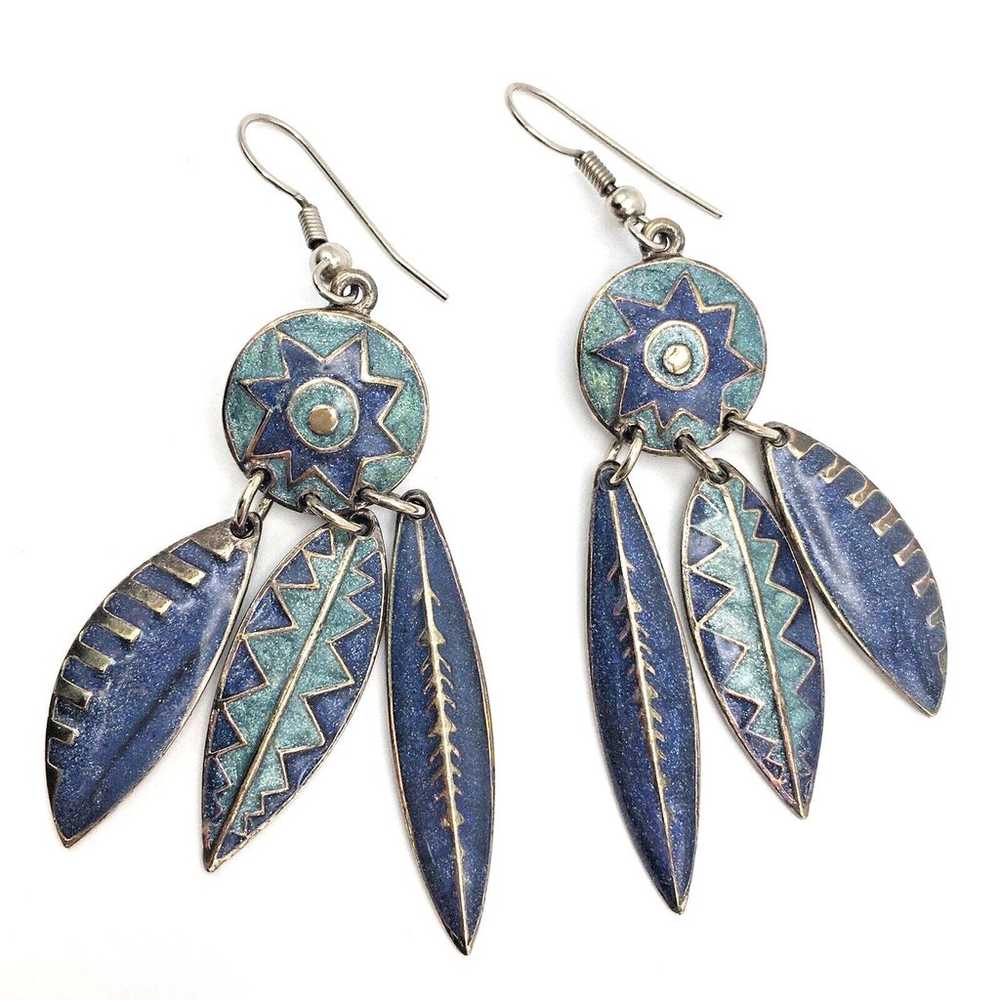 Vintage Edgar Berebi Blue Enamel Feather Dangle E… - image 2