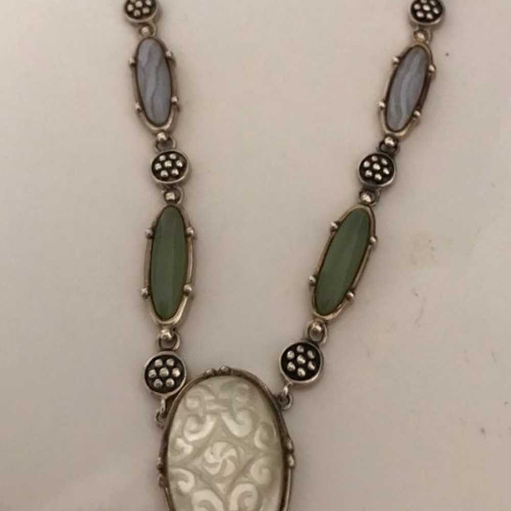 Vintage sterling silver carved MOP jade agate flo… - image 1