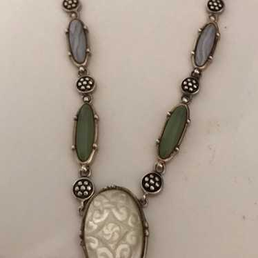 Vintage sterling silver carved MOP jade agate flow