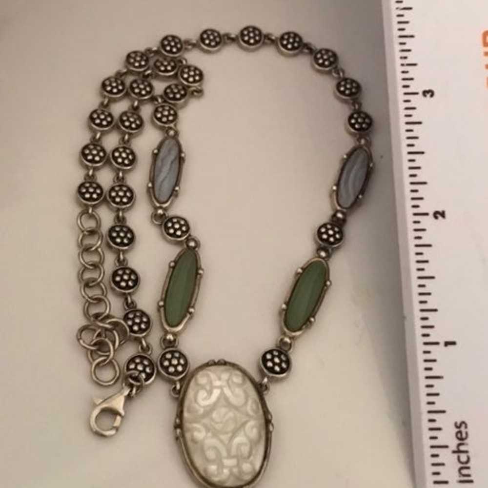 Vintage sterling silver carved MOP jade agate flo… - image 5