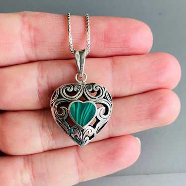 Vintage Malachite Filigree Heart Pendant Sterling… - image 1