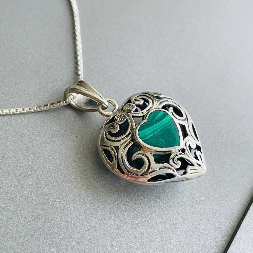 Vintage Malachite Filigree Heart Pendant Sterling… - image 2