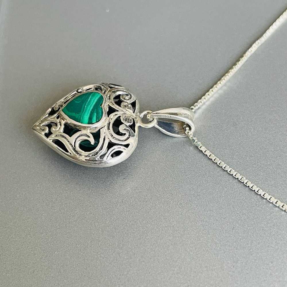 Vintage Malachite Filigree Heart Pendant Sterling… - image 3