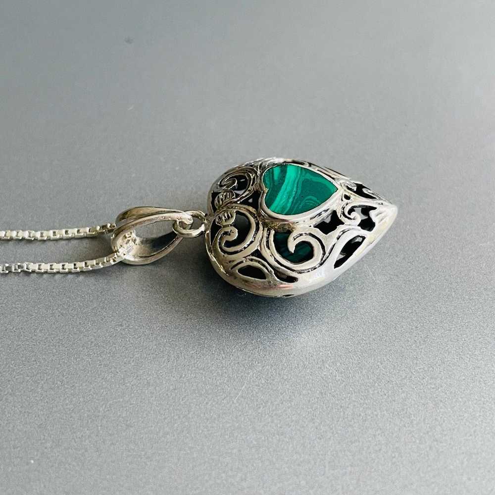 Vintage Malachite Filigree Heart Pendant Sterling… - image 7