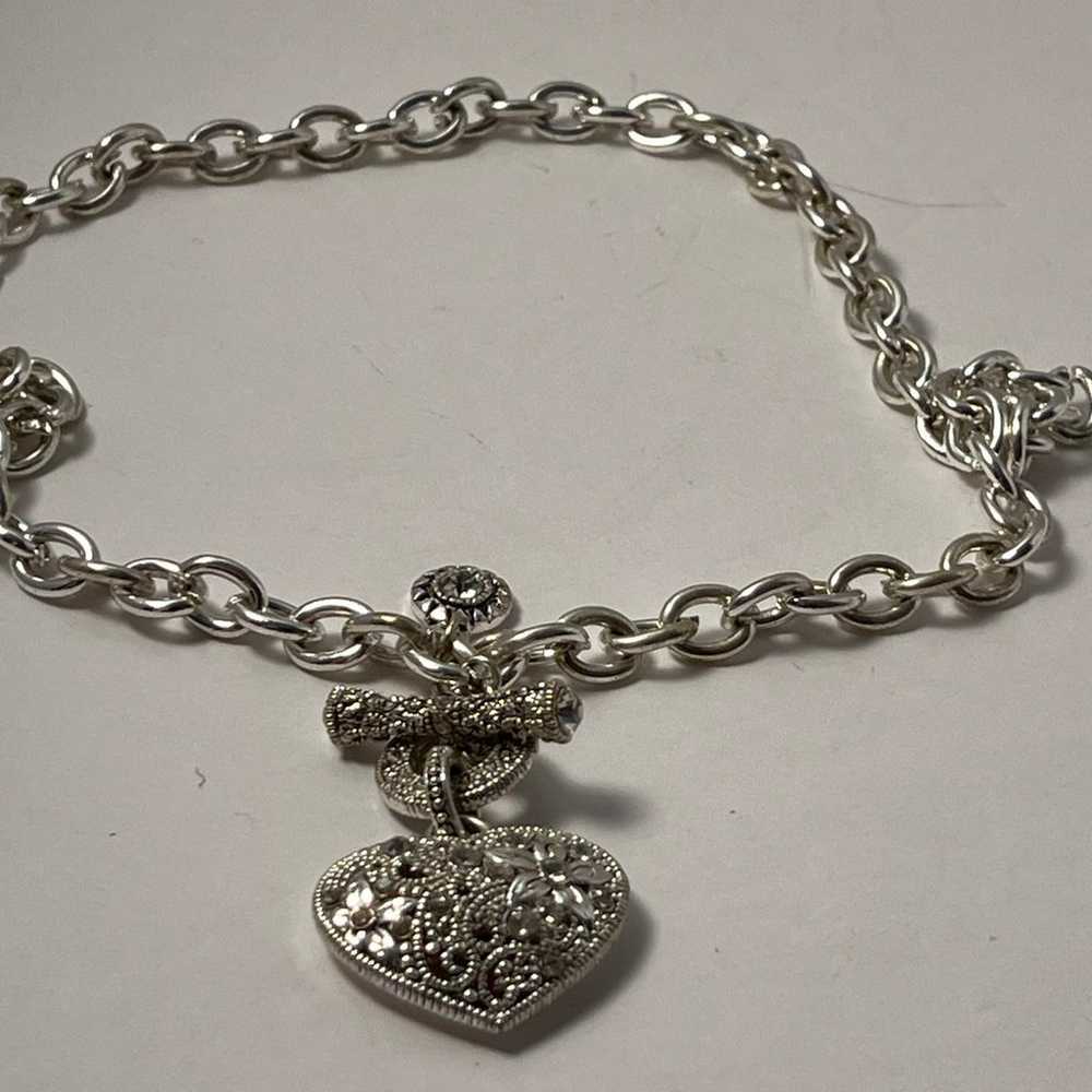 VINTAGE RHINESTONE HEART NECKLACE SILVER TOGGLE M… - image 1