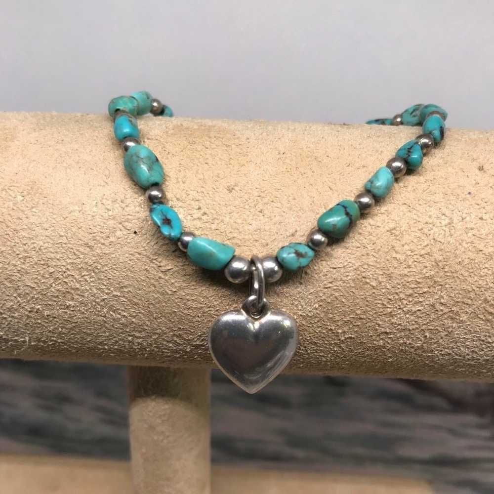 Vintage 925 Puffy Heart Turquoise Stretch Bracelet - image 1