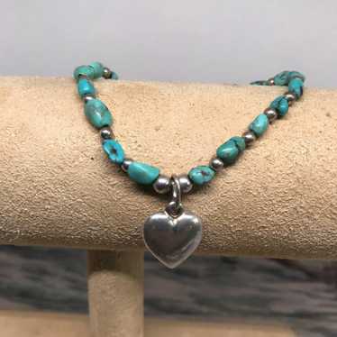 Vintage 925 Puffy Heart Turquoise Stretch Bracelet - image 1