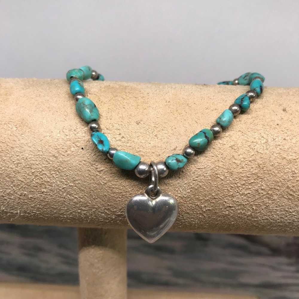 Vintage 925 Puffy Heart Turquoise Stretch Bracelet - image 2