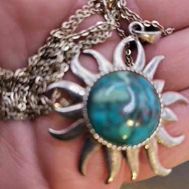 VTG STERLING SILVER TURQUOISE SUN PENDANT NECKLAC… - image 1