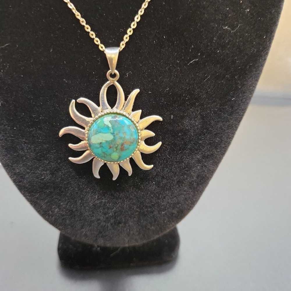 VTG STERLING SILVER TURQUOISE SUN PENDANT NECKLAC… - image 2