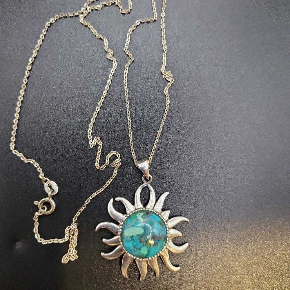 VTG STERLING SILVER TURQUOISE SUN PENDANT NECKLAC… - image 3