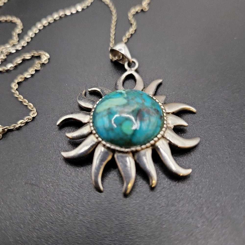 VTG STERLING SILVER TURQUOISE SUN PENDANT NECKLAC… - image 4