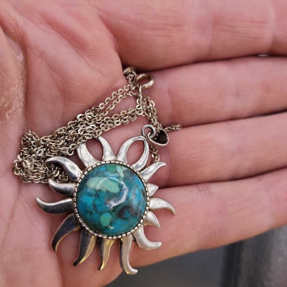 VTG STERLING SILVER TURQUOISE SUN PENDANT NECKLAC… - image 6