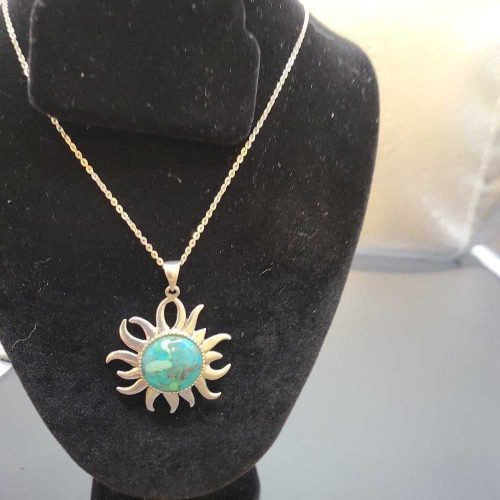 VTG STERLING SILVER TURQUOISE SUN PENDANT NECKLAC… - image 7