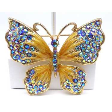 Blue Aurora Borealis Butterfly Brooch Pin Gold Ton